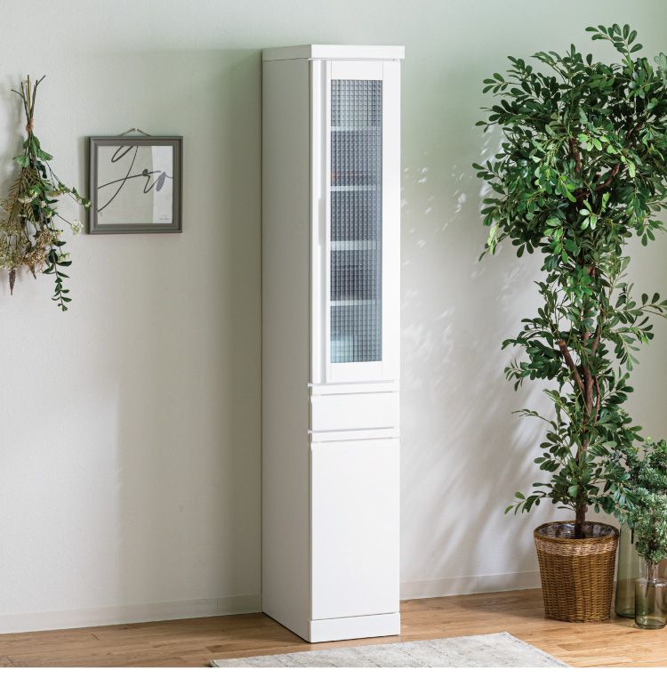 食器棚 完成品 隙間収納 ガラス扉 国産 大川家具 幅30 高さ180 キッチンボード ホワイト エナメル塗装 おしゃれ 北欧(代引不可)