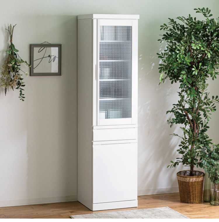 食器棚 完成品 隙間収納 ガラス扉 国産 大川家具 幅45 高さ180 キッチンボード ホワイト エナメル塗装 おしゃれ 北欧(代引不可)