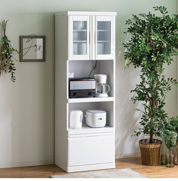 食器棚 完成品 レンジボード 国産 大川家具 幅60 高さ180 キッチンボード ホワイト エナメル塗装 レンジ台 おしゃれ 北欧(代引不可)