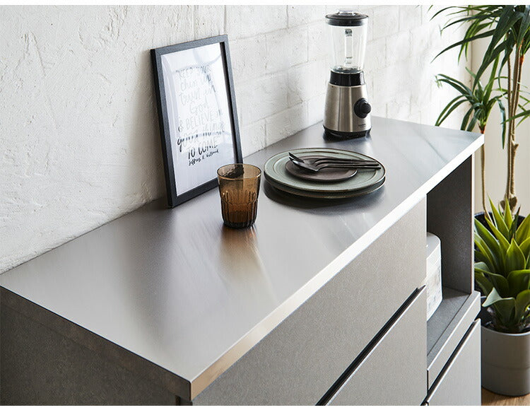 キッチンカウンター 間仕切り 幅120 奥行41 高さ90 ステンレス天板 完成品 セラミック調 グレー 背面化粧 フルオープンレール レンジ台(代引不可)