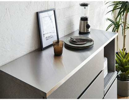 キッチンカウンター 間仕切り 幅120 奥行41 高さ90 ステンレス天板 完成品 セラミック調 グレー 背面化粧 フルオープンレール レンジ台(代引不可)