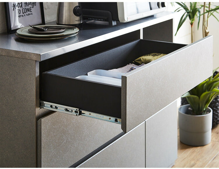 キッチンカウンター 間仕切り 幅120 奥行41 高さ90 ステンレス天板 完成品 セラミック調 グレー 背面化粧 フルオープンレール レンジ台(代引不可)