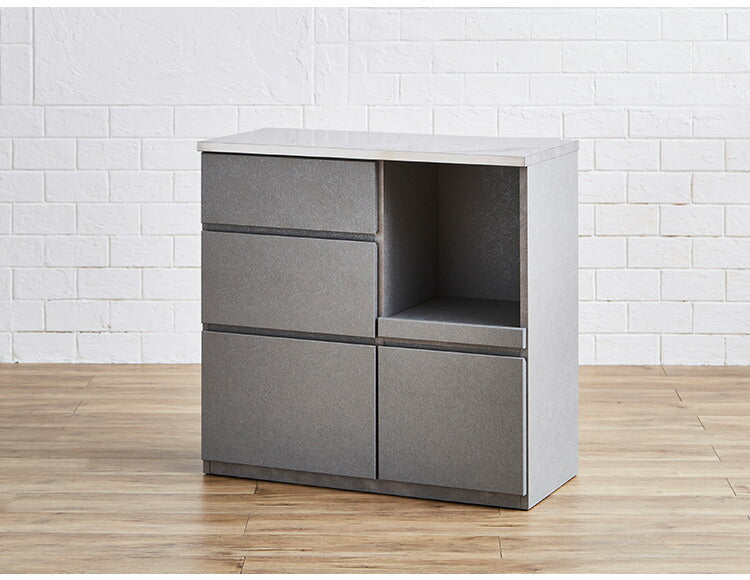 キッチンカウンター 間仕切り 幅90 奥行41 高さ90 ステンレス天板 完成品 セラミック調 グレー 背面化粧 フルオープンレール レンジ台(代引不可)