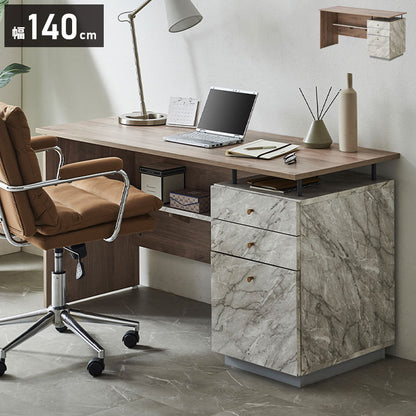 オフィスデスク 事務机 片袖机 幅140 奥行55 高さ72 片袖デスク 大理石風 おしゃれ 事務デスク フラットデスク オフィス机 OAデスク 事務用 オフィス用 事務所用 デスク 机 引出し付き PCデスク(代引不可)