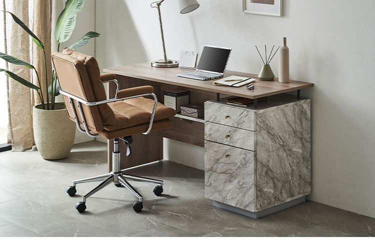 オフィスデスク 事務机 片袖机 幅140 奥行55 高さ72 片袖デスク 大理石風 おしゃれ 事務デスク フラットデスク オフィス机 OAデスク 事務用 オフィス用 事務所用 デスク 机 引出し付き PCデスク(代引不可)