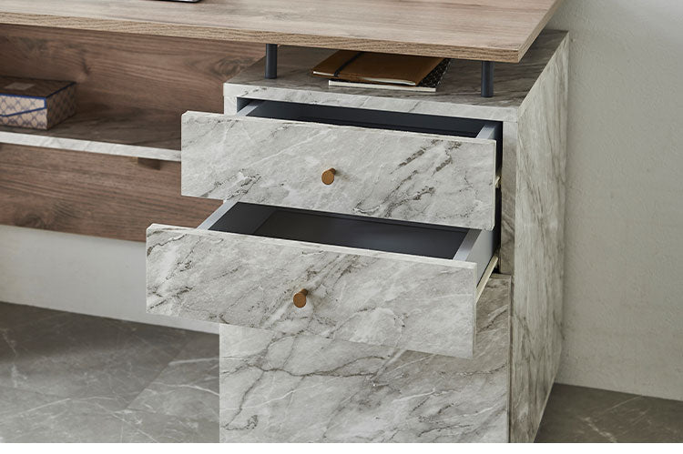 オフィスデスク 事務机 片袖机 幅140 奥行55 高さ72 片袖デスク 大理石風 おしゃれ 事務デスク フラットデスク オフィス机 OAデスク 事務用 オフィス用 事務所用 デスク 机 引出し付き PCデスク(代引不可)