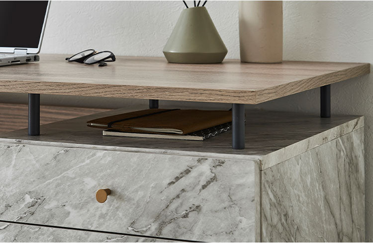 オフィスデスク 事務机 片袖机 幅140 奥行55 高さ72 片袖デスク 大理石風 おしゃれ 事務デスク フラットデスク オフィス机 OAデスク 事務用 オフィス用 事務所用 デスク 机 引出し付き PCデスク(代引不可)