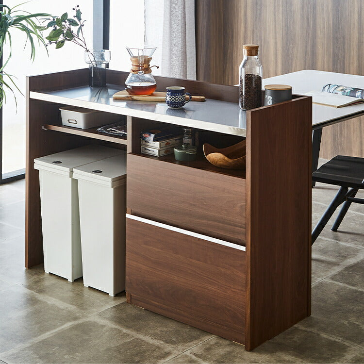 手元を隠す キッチンカウンター ダストボックス 間仕切り 完成品 幅120 ステンレス天板 収納 日本製 ゴミ箱上ラック コンセント付き 食器棚 キッチンボード グレー オーク ブラウン(代引不可)