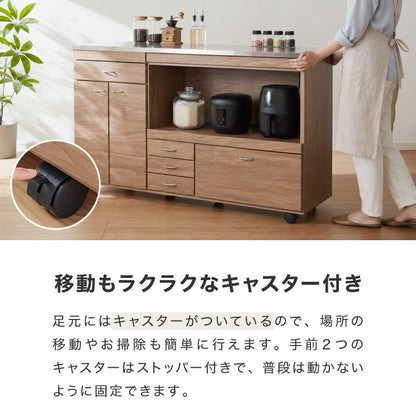 日本製 キッチンカウンター ステンレス天板 大型電子レンジ対応 幅140 スライド棚 コンセント付き キャスター付き 間仕切り 食器棚 一人暮らし 国産 完成品 キッチンボード キッチン収納 大容量(代引不可)