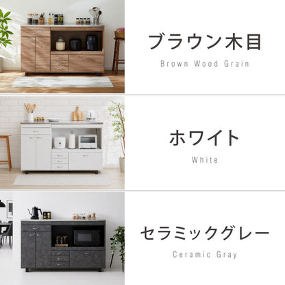 日本製 キッチンカウンター ステンレス天板 大型電子レンジ対応 幅140 スライド棚 コンセント付き キャスター付き 間仕切り 食器棚 一人暮らし 国産 完成品 キッチンボード キッチン収納 大容量(代引不可)