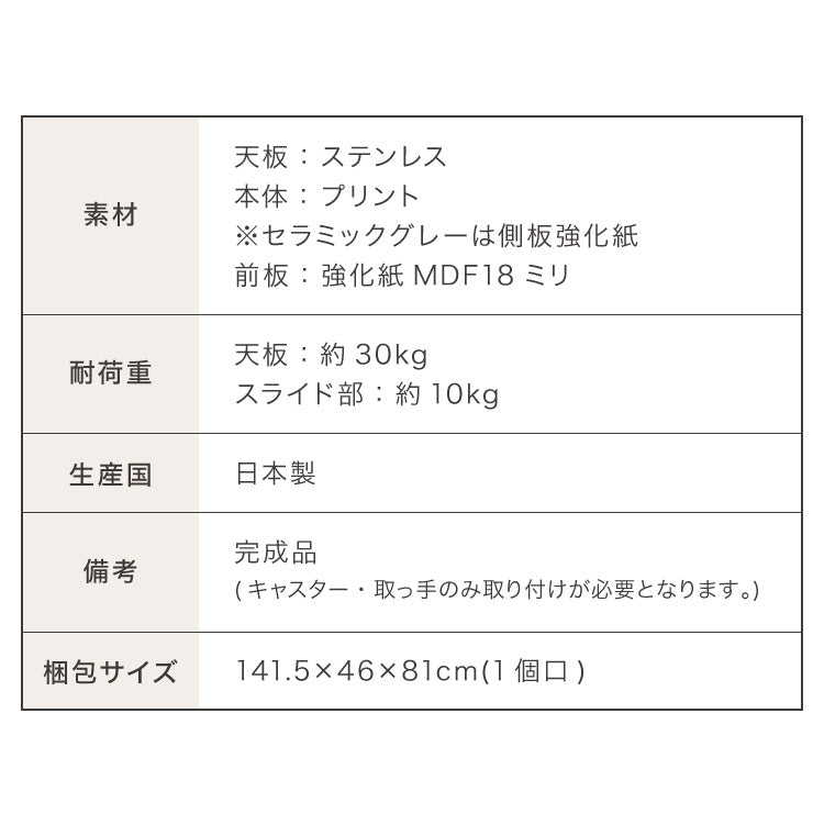 日本製 キッチンカウンター ステンレス天板 大型電子レンジ対応 幅140 スライド棚 コンセント付き キャスター付き 間仕切り 食器棚 一人暮らし 国産 完成品 キッチンボード キッチン収納 大容量(代引不可)