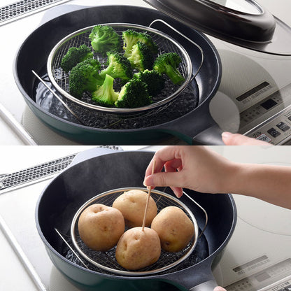 日本製 燕三条 蒸しザルセット お皿のざる&専用スタンドセット 19cm 食洗機対応 ステンレス製 蒸しかご 蒸し皿 蒸し器 せいろ せいろ蒸し器 蒸篭 スチーマー ザル ざる フライパン用 逸品物創