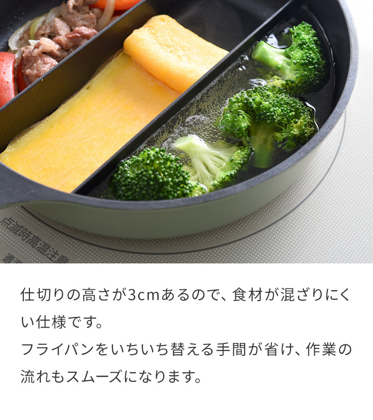 蓋付き センターエッグトリプルパンmini 20cm 深型 仕切り付き フライパン IH対応 PFOAフリー お弁当 同時調理 時短 時短調理 茹で 玉子焼き器 卵焼き器 コンパクト 油跳ね防止 蒸し焼き