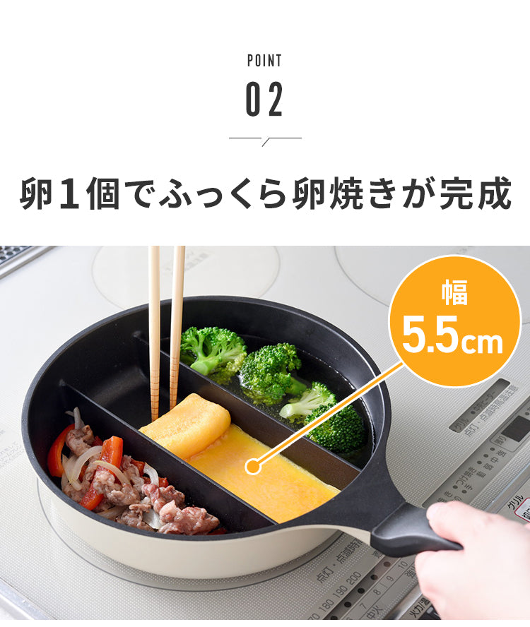 蓋付き センターエッグトリプルパンmini 20cm 深型 仕切り付き フライパン IH対応 PFOAフリー お弁当 同時調理 時短 時短調理 茹で 玉子焼き器 卵焼き器 コンパクト 油跳ね防止 蒸し焼き