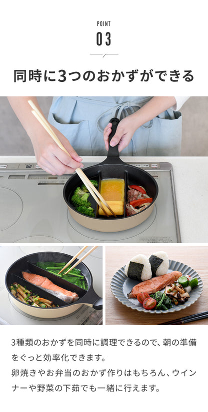 蓋付き センターエッグトリプルパンmini 20cm 深型 仕切り付き フライパン IH対応 PFOAフリー お弁当 同時調理 時短 時短調理 茹で 玉子焼き器 卵焼き器 コンパクト 油跳ね防止 蒸し焼き