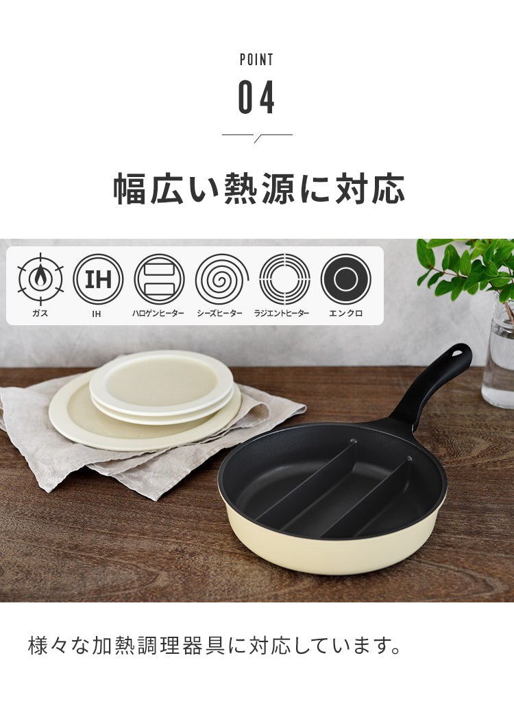 蓋付き センターエッグトリプルパンmini 20cm 深型 仕切り付き フライパン IH対応 PFOAフリー お弁当 同時調理 時短 時短調理 茹で 玉子焼き器 卵焼き器 コンパクト 油跳ね防止 蒸し焼き
