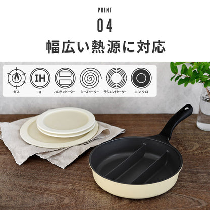 センターエッグトリプルパンmini 20cm 深型 仕切り付き フライパン IH対応 PFOAフリー お弁当 同時調理 時短 時短調理 焼き 茹で 玉子焼き器 卵焼き器 卵1個 コンパクト ソイビーン かわいい A-77912