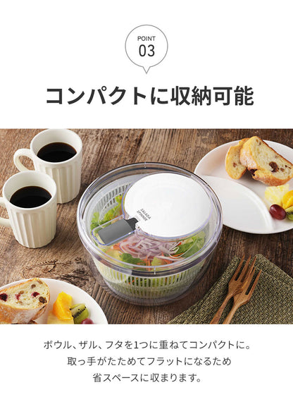 日本製 燕三条 サラダスピナー 21cm 取っ手がたためる コンパクト フラット 食洗機対応 4way 野菜水切り器 サラダボウル 湯切り ザル ざる セット 回転式 分解できる お手入れ簡単 透明 おしゃれ