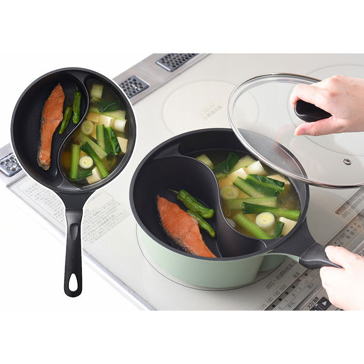 ダブルクック片手鍋 20cm 2.2L ガラス蓋付 仕切り付き IH対応 片手鍋 マルチポット 仕切り鍋 お弁当 同時調理 時短調理 焼き 茹で 炒め 煮物 パスタ レトルトパック オリーブ A-78112