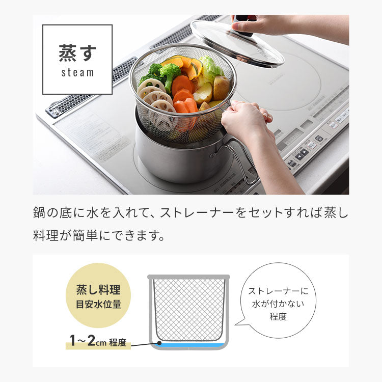 日本製 燕三条 ストレーナー付き ステンレスマルチポット 18cm 深型 ガラス蓋 ガス火 IH対応 2.9L 逸品物創 ステンレス製 鍋 ざる ザル コンパクト スリム 片手鍋 揚げ鍋 天ぷら鍋 78168