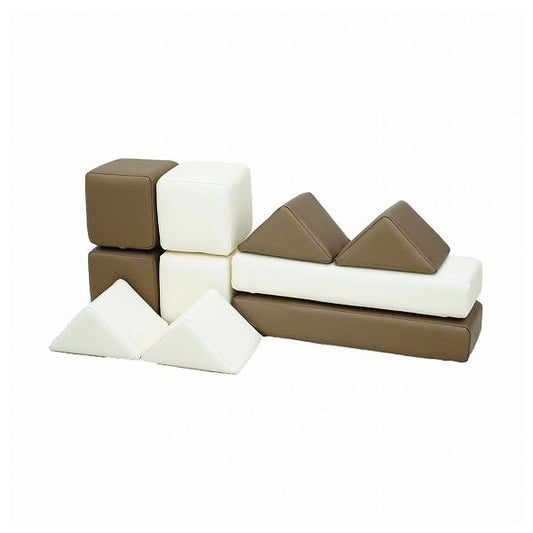 PLAYクッション+ デラックス フェイス&サイド ラテ ワントーン:アイボリー×こげ茶 四角形4個 三角形4個 長方形2個 積み木 玩具 収納 汚れにくい 抗菌 ウレタン(代引不可)