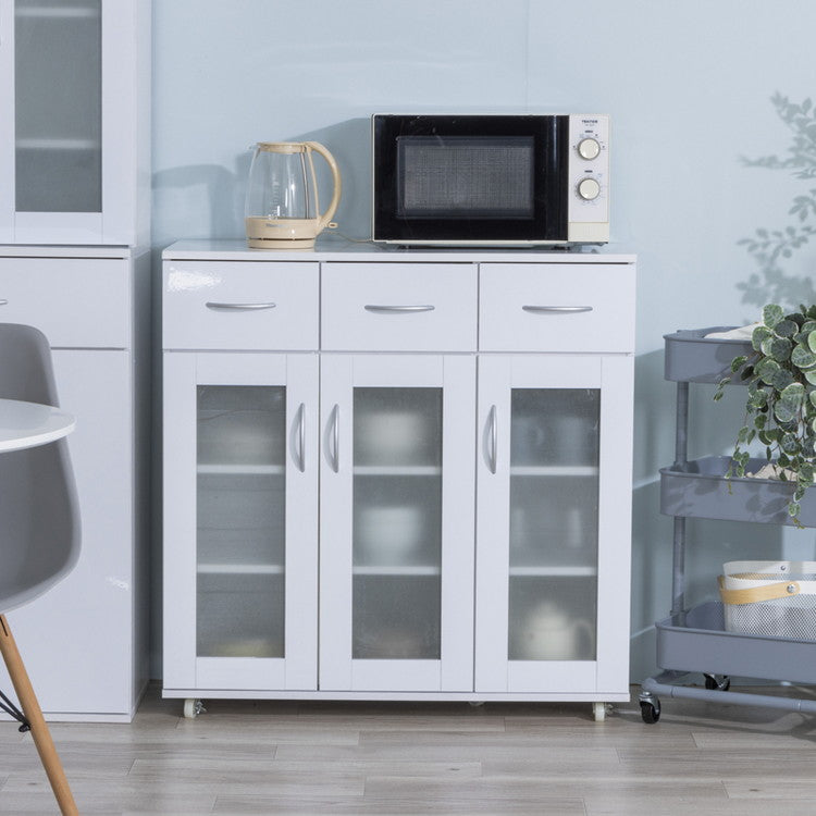 鏡面仕上げ キャスター付き キッチンカウンター 幅89cm ベル カウンター ガラス扉 レンジ台 カップボード キッチンキャビネット レンジ台 キッチン収納(代引不可)