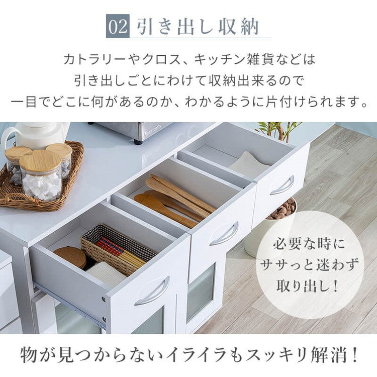 鏡面仕上げ キャスター付き キッチンカウンター 幅89cm ベル カウンター ガラス扉 レンジ台 カップボード キッチンキャビネット レンジ台 キッチン収納(代引不可)