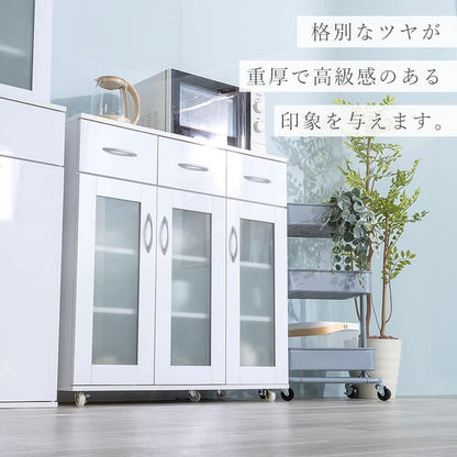 鏡面仕上げ キャスター付き キッチンカウンター 幅89cm ベル カウンター ガラス扉 レンジ台 カップボード キッチンキャビネット レンジ台 キッチン収納(代引不可)