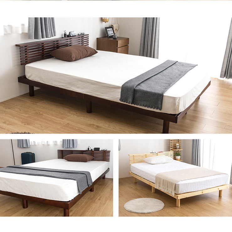 コンセント付きすのこベッド セミダブル グリッド 2個口コンセント付き 宮棚付き パイン材 天然木フレーム(代引不可)