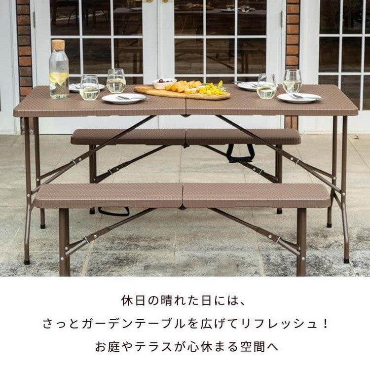 【5%OFF】ラタン調 折りたたみ ガーデン 3点セット マカティ 幅152cm 折りたたみテーブル 折りたたみチェア セット 屋外 テーブル アウトドアチェア 折り畳み コンパクト ガーデンファニチャー(代引不可)