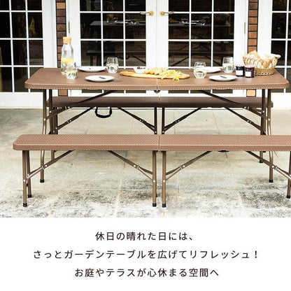 【5%OFF】ラタン調 折りたたみ ガーデン 3点セット マカティ 幅180cm 折りたたみテーブル 折りたたみ ベンチ セット 屋外 テーブル アウトドアチェア 折り畳み コンパクト ガーデンファニチャー(代引不可)