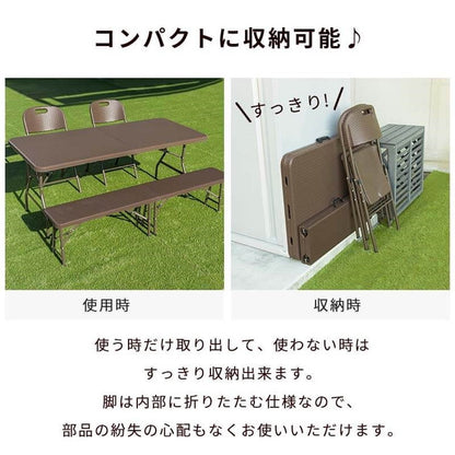 【5%OFF】ラタン調 折りたたみ ガーデン 4点セット マカティ 幅180cm 折りたたみテーブル 折りたたみチェア ベンチ セット 屋外 テーブル アウトドアチェア 折り畳み コンパクト ガーデンファニチャー(代引不可)
