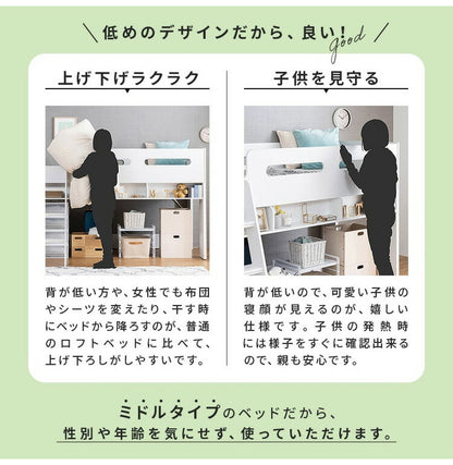 ロフトベッド 収納 木製 ミドルベッド 階段付き ベッドフレーム シングル シングルベッド 高さ137.4cm 収納付き ベッド下収納 子供部屋 キッズ おしゃれ ワンルーム シンプル かわいい(代引不可)
