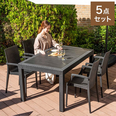 ラタン調 ガーデン 5点セット ピクシス 肘付き ガーデンチェア4脚 ガーデンテーブル 幅150cm 長方形 セット 屋外 アウトドアチェア ベランダ テラス ガーデンファニチャー(代引不可)