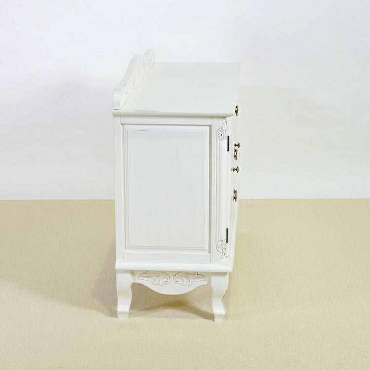 キャビネット 幅110cm マホガ二ー材 完成品 ホワイト 高級感 エレガント ホワイト ミニチェスト ローチェスト タンス チェスト 収納 天然木 木製 引き出し 大容量 コンパクト 省スペース 上品 優雅(代引不可)