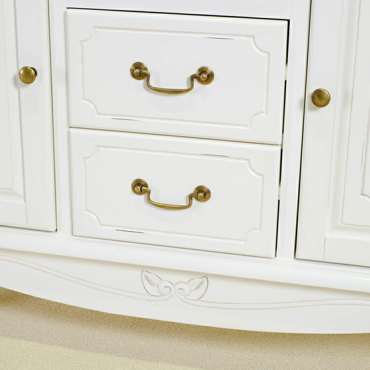 キャビネット 幅110cm マホガ二ー材 完成品 ホワイト 高級感 エレガント ホワイト ミニチェスト ローチェスト タンス チェスト 収納 天然木 木製 引き出し 大容量 コンパクト 省スペース 上品 優雅(代引不可)