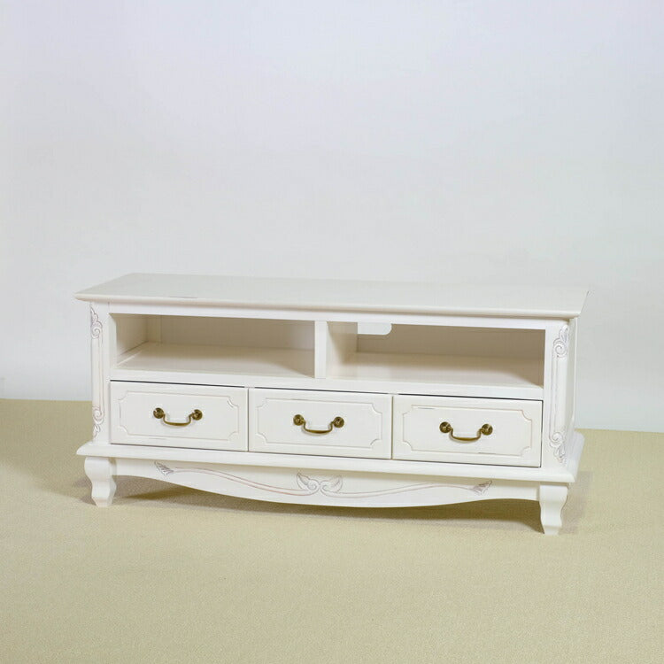 ローボード 幅112cm マホガ二ー材 完成品 ホワイト 高級感 エレガント ホワイト テレビ台 TV台 テレビボード リビングボード 収納 天然木 木製 引き出し 大容量 コンパクト 省スペース 上品 優雅(代引不可)