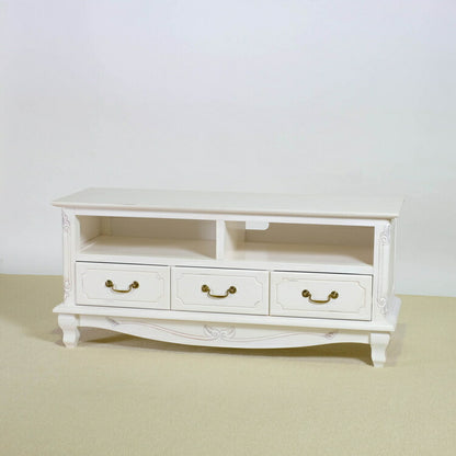 ローボード 幅112cm マホガ二ー材 完成品 ホワイト 高級感 エレガント ホワイト テレビ台 TV台 テレビボード リビングボード 収納 天然木 木製 引き出し 大容量 コンパクト 省スペース 上品 優雅(代引不可)