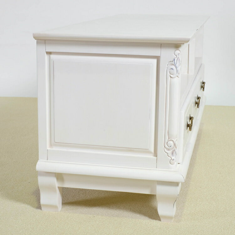 ローボード 幅112cm マホガ二ー材 完成品 ホワイト 高級感 エレガント ホワイト テレビ台 TV台 テレビボード リビングボード 収納 天然木 木製 引き出し 大容量 コンパクト 省スペース 上品 優雅(代引不可)