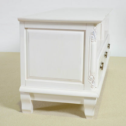 ローボード 幅112cm マホガ二ー材 完成品 ホワイト 高級感 エレガント ホワイト テレビ台 TV台 テレビボード リビングボード 収納 天然木 木製 引き出し 大容量 コンパクト 省スペース 上品 優雅(代引不可)