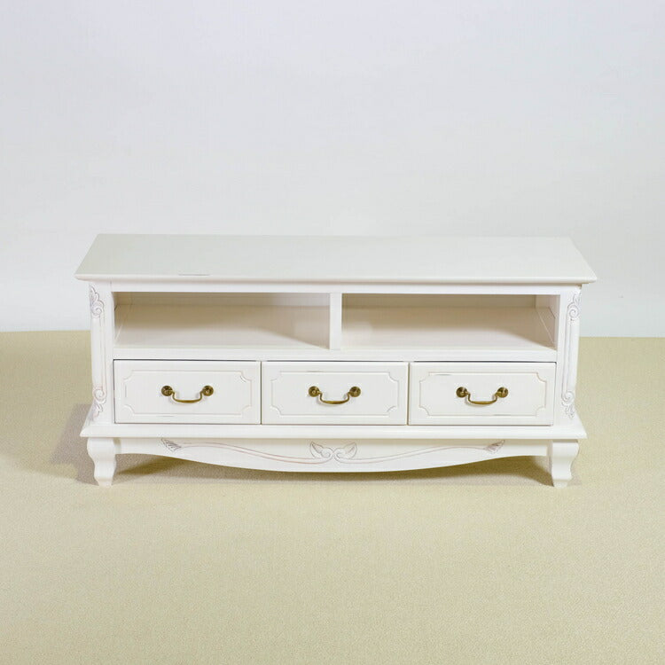 ローボード 幅112cm マホガ二ー材 完成品 ホワイト 高級感 エレガント ホワイト テレビ台 TV台 テレビボード リビングボード 収納 天然木 木製 引き出し 大容量 コンパクト 省スペース 上品 優雅(代引不可)