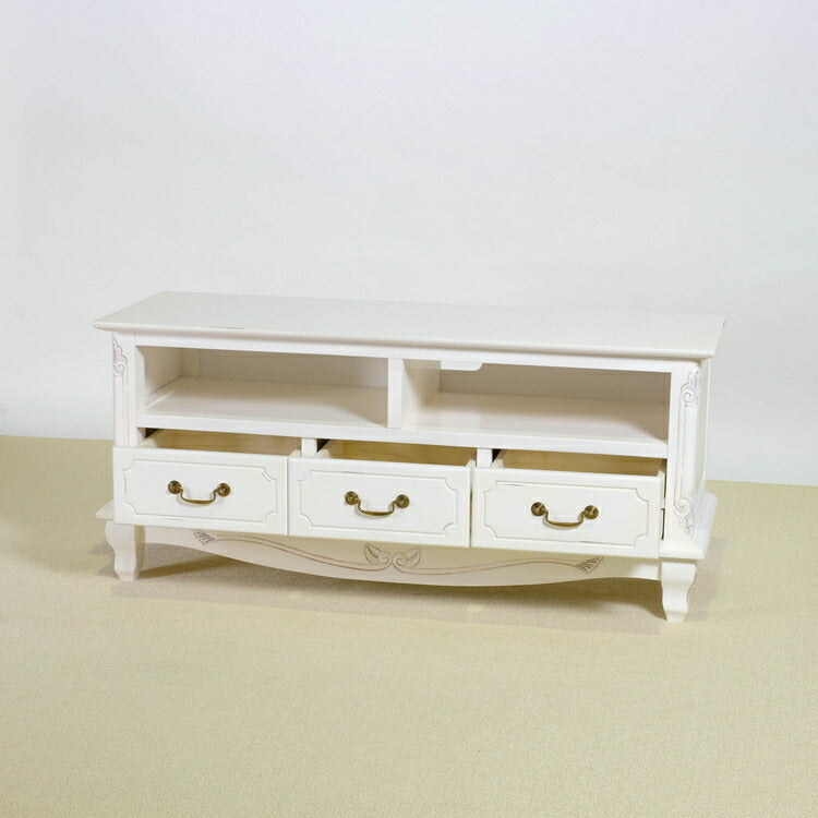 ローボード 幅112cm マホガ二ー材 完成品 ホワイト 高級感 エレガント ホワイト テレビ台 TV台 テレビボード リビングボード 収納 天然木 木製 引き出し 大容量 コンパクト 省スペース 上品 優雅(代引不可)