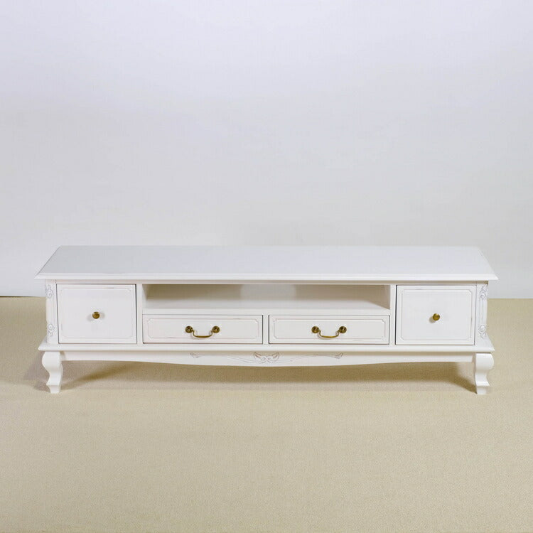 ローボード 幅150cm マホガ二ー材 完成品 ホワイト 高級感 エレガント ホワイト テレビ台 TV台 テレビボード リビングボード 収納 天然木 木製 引き出し 大容量 コンパクト 省スペース 上品 優雅(代引不可)