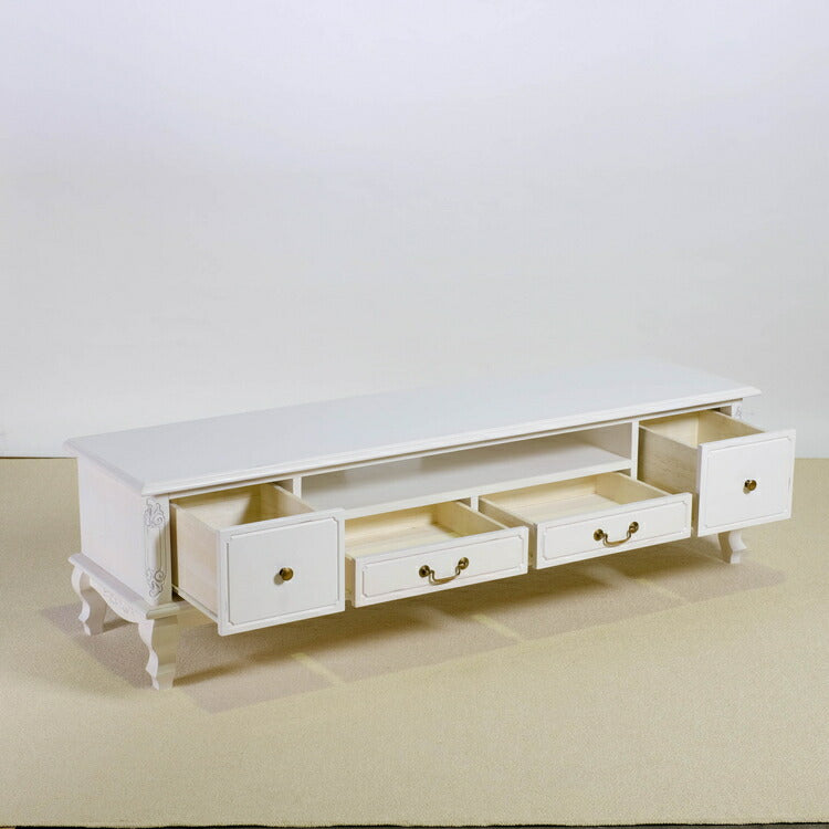 ローボード 幅150cm マホガ二ー材 完成品 ホワイト 高級感 エレガント ホワイト テレビ台 TV台 テレビボード リビングボード 収納 天然木 木製 引き出し 大容量 コンパクト 省スペース 上品 優雅(代引不可)