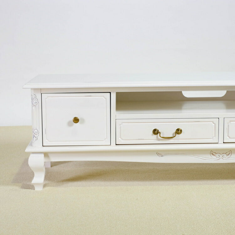 ローボード 幅150cm マホガ二ー材 完成品 ホワイト 高級感 エレガント ホワイト テレビ台 TV台 テレビボード リビングボード 収納 天然木 木製 引き出し 大容量 コンパクト 省スペース 上品 優雅(代引不可)