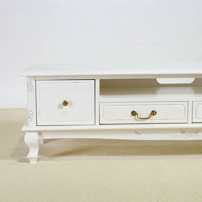 ローボード 幅150cm マホガ二ー材 完成品 ホワイト 高級感 エレガント ホワイト テレビ台 TV台 テレビボード リビングボード 収納 天然木 木製 引き出し 大容量 コンパクト 省スペース 上品 優雅(代引不可)