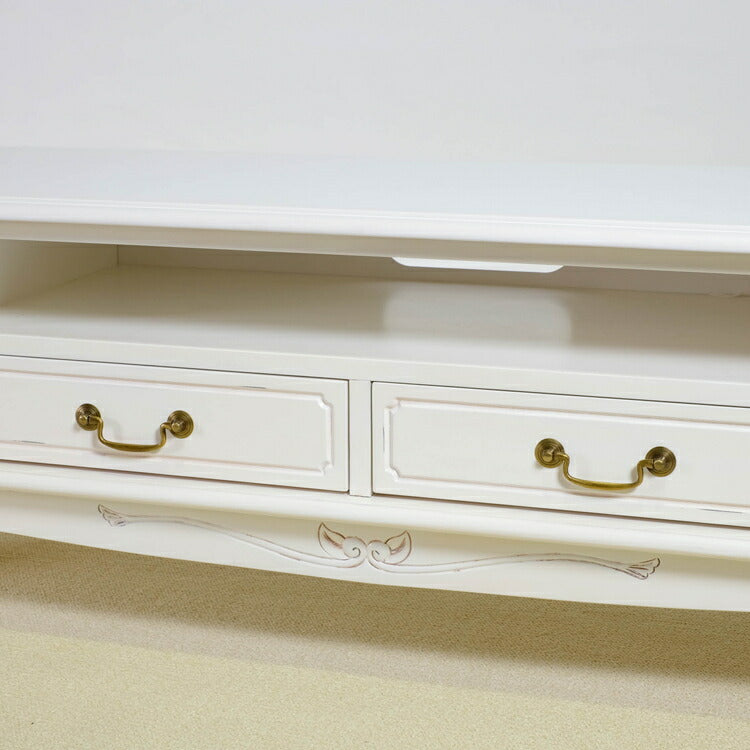 ローボード 幅150cm マホガ二ー材 完成品 ホワイト 高級感 エレガント ホワイト テレビ台 TV台 テレビボード リビングボード 収納 天然木 木製 引き出し 大容量 コンパクト 省スペース 上品 優雅(代引不可)