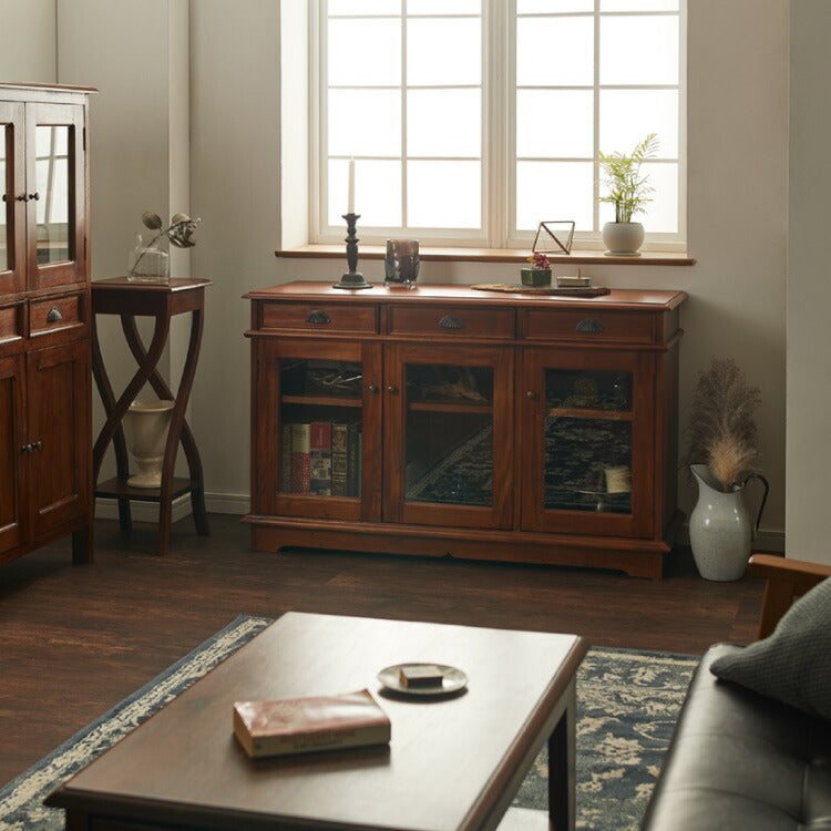 キャビネット 幅120cm ヴィンテージ 天然木 完成品 マホガニー サイドボード リビングボード 収納家具 お洒落 モダン ブラウン 木製 フリーボード ローボード 高級感 リビングキャビネット コロニアル(代引不可)