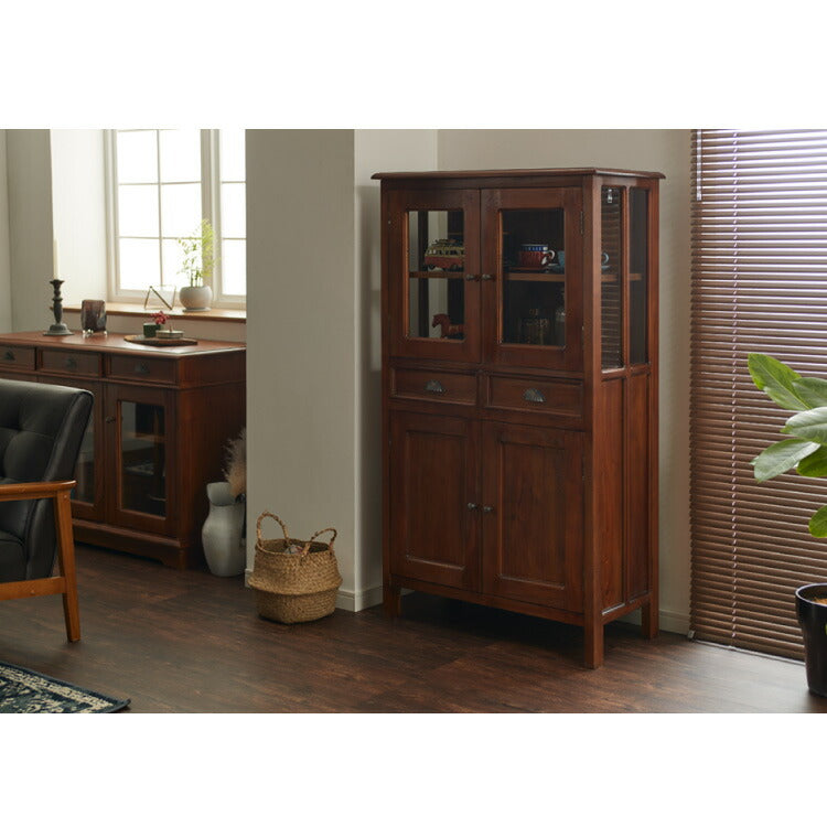 ハイキャビネット 幅75cm 北欧 ヴィンテージ 天然木 マホガ二ー 高級感 完成品 アンティーク モダン 収納家具 おしゃれ インテリア 木製 テーブル リビング ダイニング 棚 収納 デザイン コロニアル(代引不可)