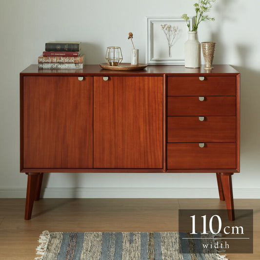 キャビネット 幅110cm 北欧 ヴィンテージ 天然木 マホガニー 完成品 サイドボード リビングボード 収納家具 お洒落 モダン ブラウン 木製 フリーボード ローボード 高級感 AVA アヴァ(代引不可)